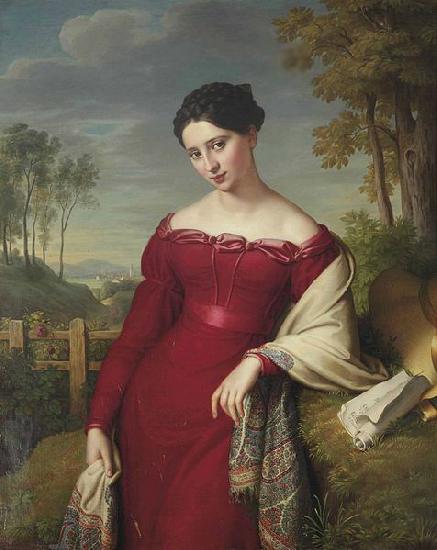 Eduard Friedrich Leybold Portrait of a young lady in a red dress with a paisley shawl